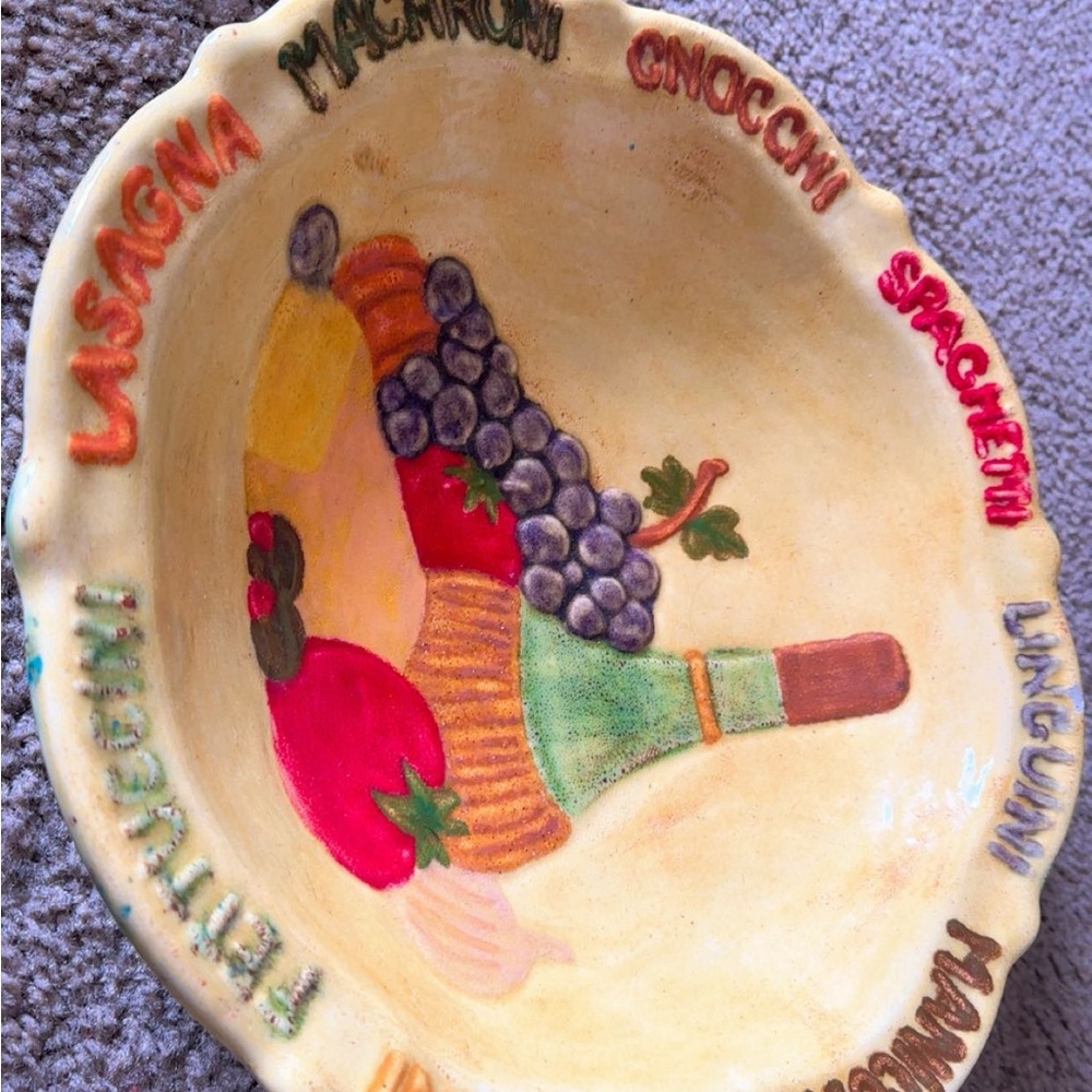 Hand-Painted Ceramic Bowl with Fruit and Wine Design